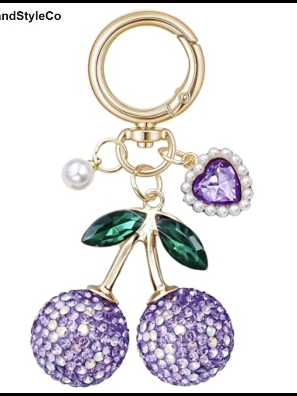 Rhinestone Cherry Pearl Heart Keychain Bag Charm Gold Plated Purse Accessory
